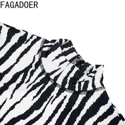 FAGADOER Fashion Zebra Pattern Bodycon Rompers Summer Sexy High Neck Back Hollow Out Jumpsuits Streetwear Party Club Playsuits