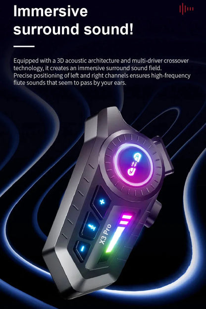 X3 Pro Motorcycle Helmet Bluetooth Headset 2-Riders Intercom 1000M BT6.0 IPX6 Waterproof Voice Assistant NoiseReduction FM Radio