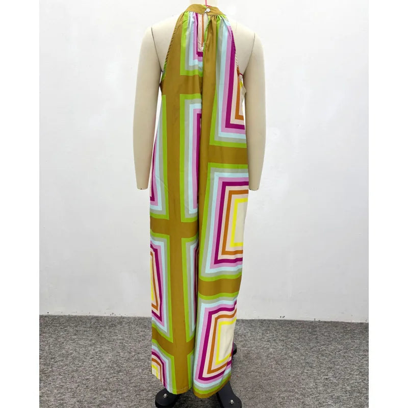 New Design African Fashion Women Jumpsuit Summer Geometric Printed Halter Sleeveless Wide Leg Jumpsuits Oufits Streetwear