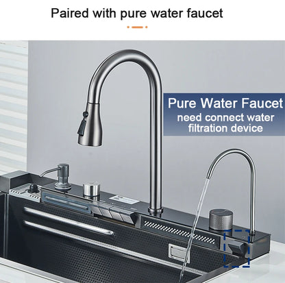 Stainless Steel Kitchen Sink with Faucet Digital Display Large Single Bowl Waterfall Rain 5 Functions System Dish Basin Sink