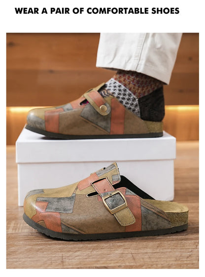 Unisex Cork Closed Toe Slippers Slip-on Clogs Slides Fashion Leather Sandals with Adjustable Buckle Backless Comfort Footbed
