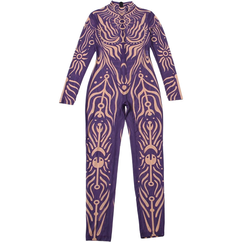 Sisterlinda Sexy Fashion Print Jumpsuits Woman Turtleneck Full Sleeve See Through Skinny Peach Hip Street Wild Style Overalls