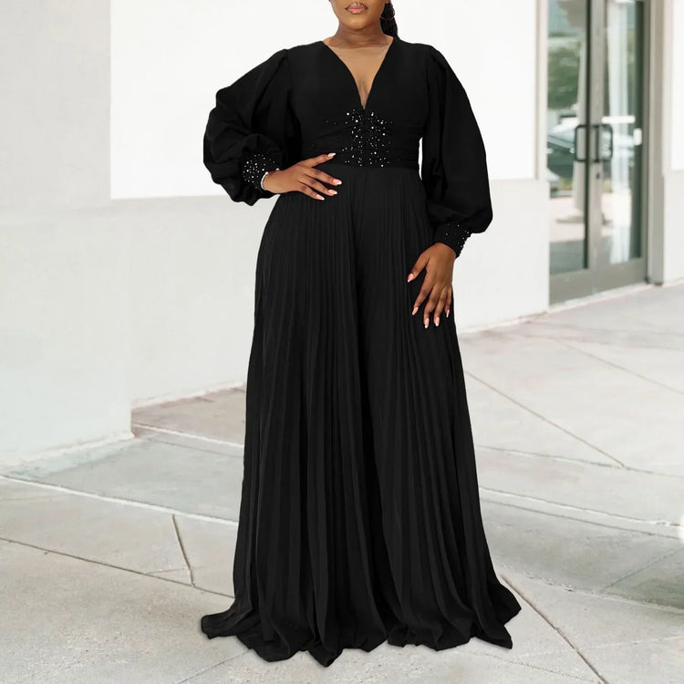 CM.YAYA Women Diamonds Long Sleeve Pleated V-neck Wide Leg Long Jumpsuits Party Beach Fashion Street Sexy Africa Outfit Rompers