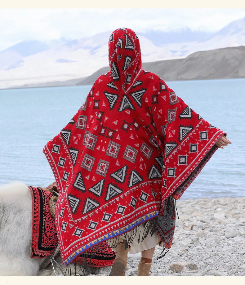 GypsyLady Bohemian Vintage Chic Cloaks Capes Hooded Blue Women Autumn Warm Knitted Ethnic Capes Tassels Cloak Poncho Outwear New