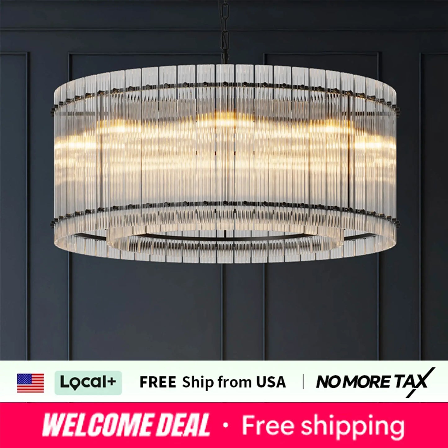 37" Modern Black Round Chandelier,2-Tier 8-Light Water Ripple Crystal Glass Chandeliers,for Dining Room,Living Room,Bedroom