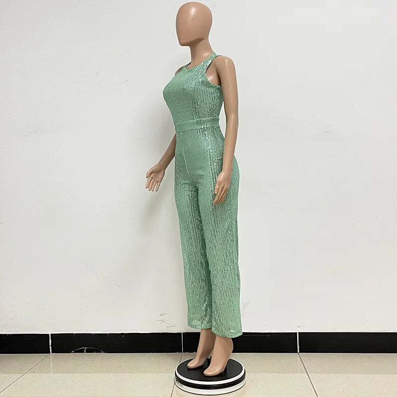 Bling Bling Sequined Club Jumpsuit Sexy Women O-neck Elegant Shiny Sliver Gold Sequins Straight Romper Overalls