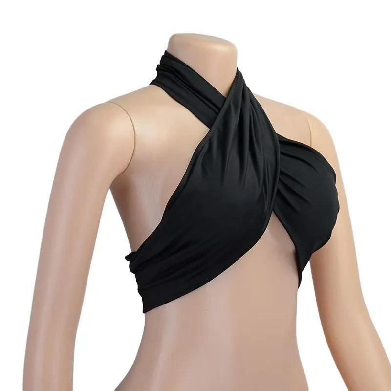 Women Strappy Cross Over Front Cut Out Halter Neck Sleeveless Backless Wrap Crop Top Bandage Vest Summer Sexy Tops Woman Clothes