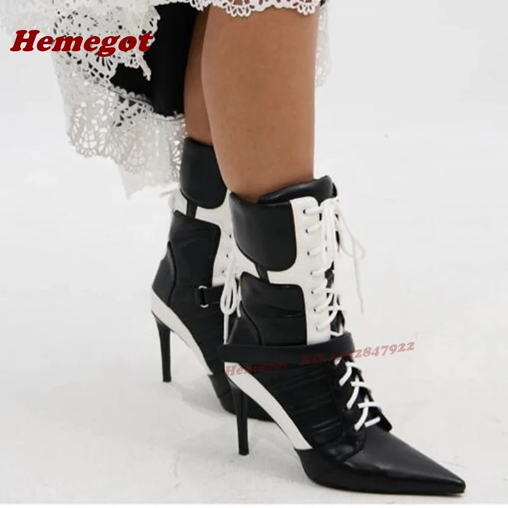 Black White Patchwork Pointy Ankle Boots Stiletto Heels Hook and Loop Cross Tied Women's Boots Winter Gladiator Lace-Up Shoes
