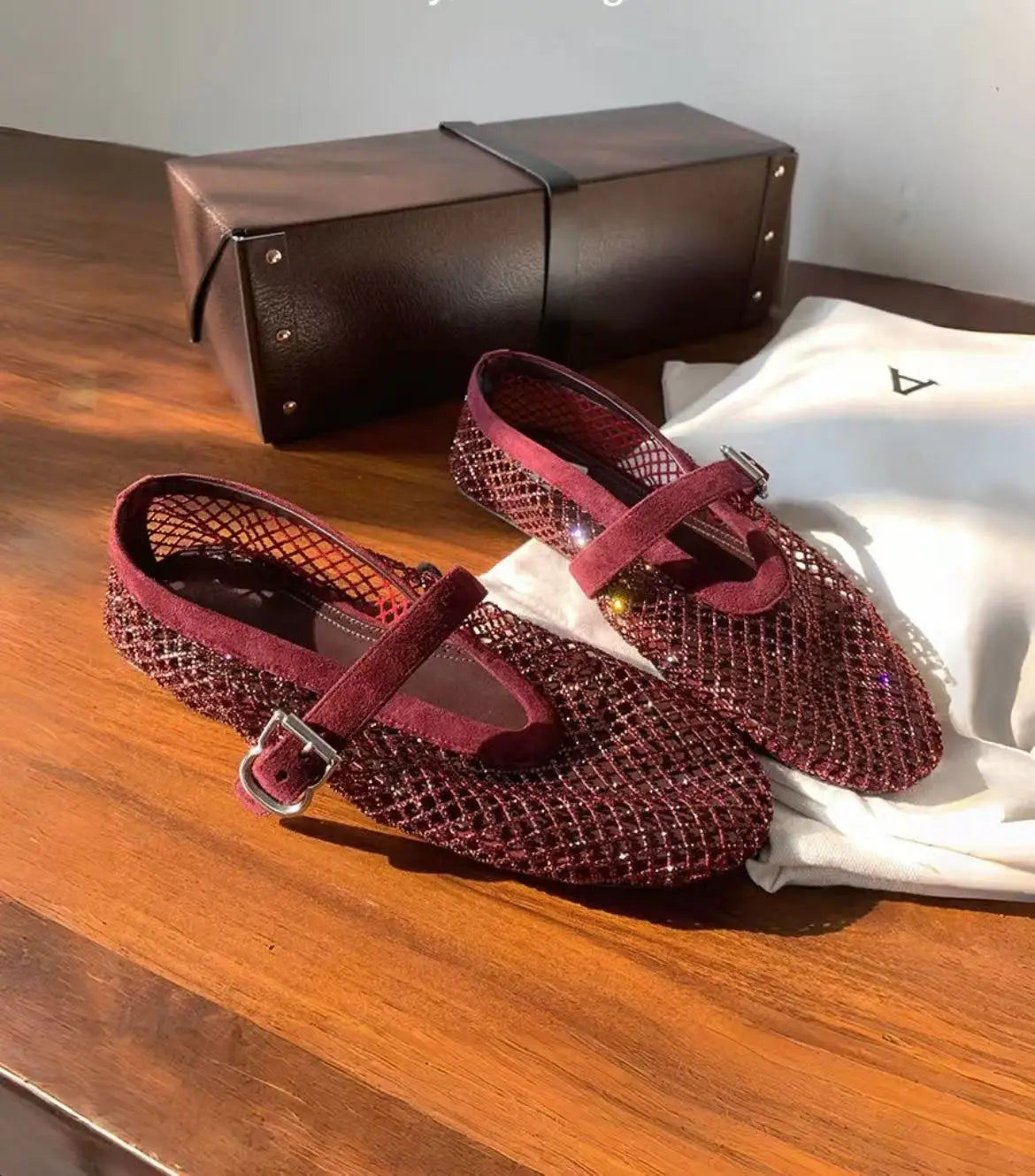 2026 New Model~ Fishnet Rhinestone Ballet Flat Mary Jane Women's Shoes with Hollowed-Out Strap
