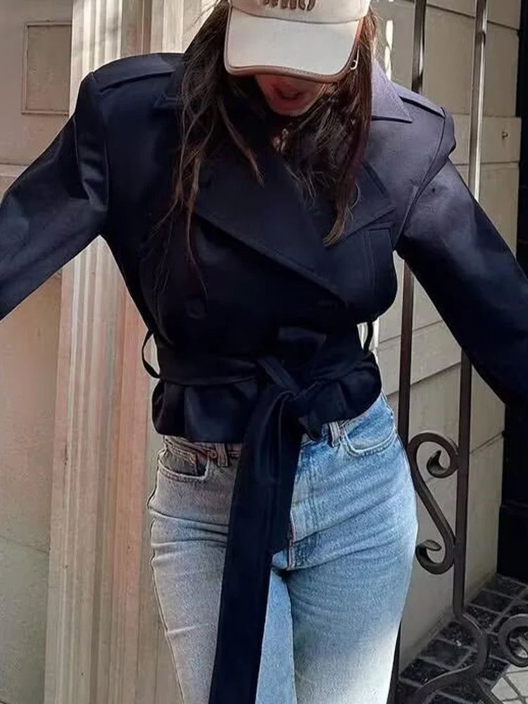 SLTNX 2026 New Women's British Wind Trench Coat Style Double-breasted Long Sleeve Belt Lapel Jacket Short Coat