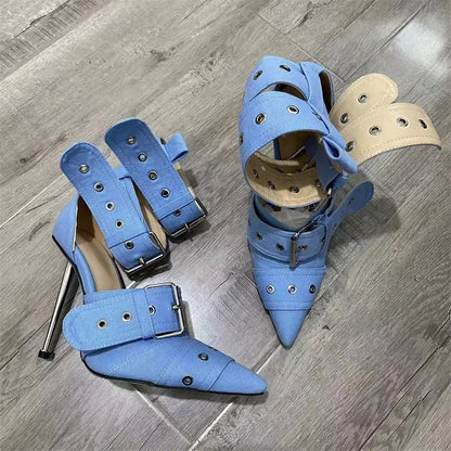 New Women Denim Metal Rivet Buckle Sandals Women Sexy Punk Style Pointed Hollow Metal 11cm High Heel Knee High Boots Size34-43