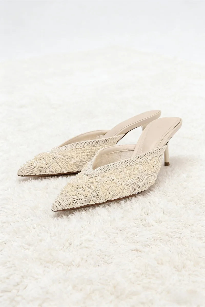 Elegant String Bead Decoration Heeled Sandals Women Sexy Pointed Toe Mesh Woven Slippers Summer Luxury Designer Shoes for Ladies