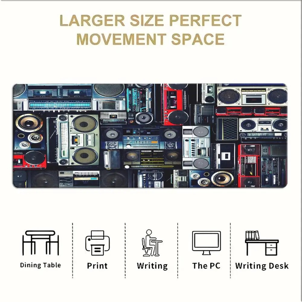 Vintage Boombox Radio Large Gaming MousePad Non Slip Keyboard Desk Mat Retro Audio Device Print Desktop Mousepad Gamer Table Mat