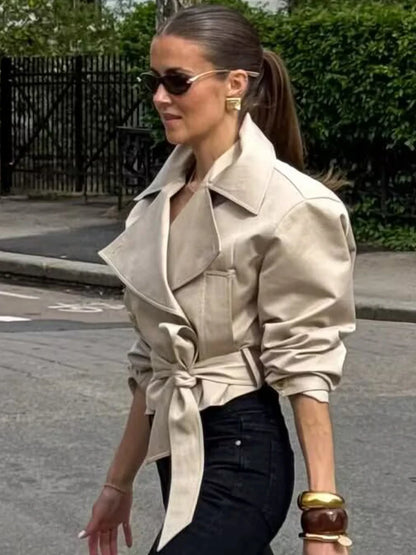 SLTNX 2026 New Women's British Wind Trench Coat Style Double-breasted Long Sleeve Belt Lapel Jacket Short Coat
