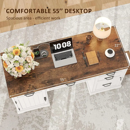 Whalefall 55'' Farmhouse Desk Home Office with Drawers, White