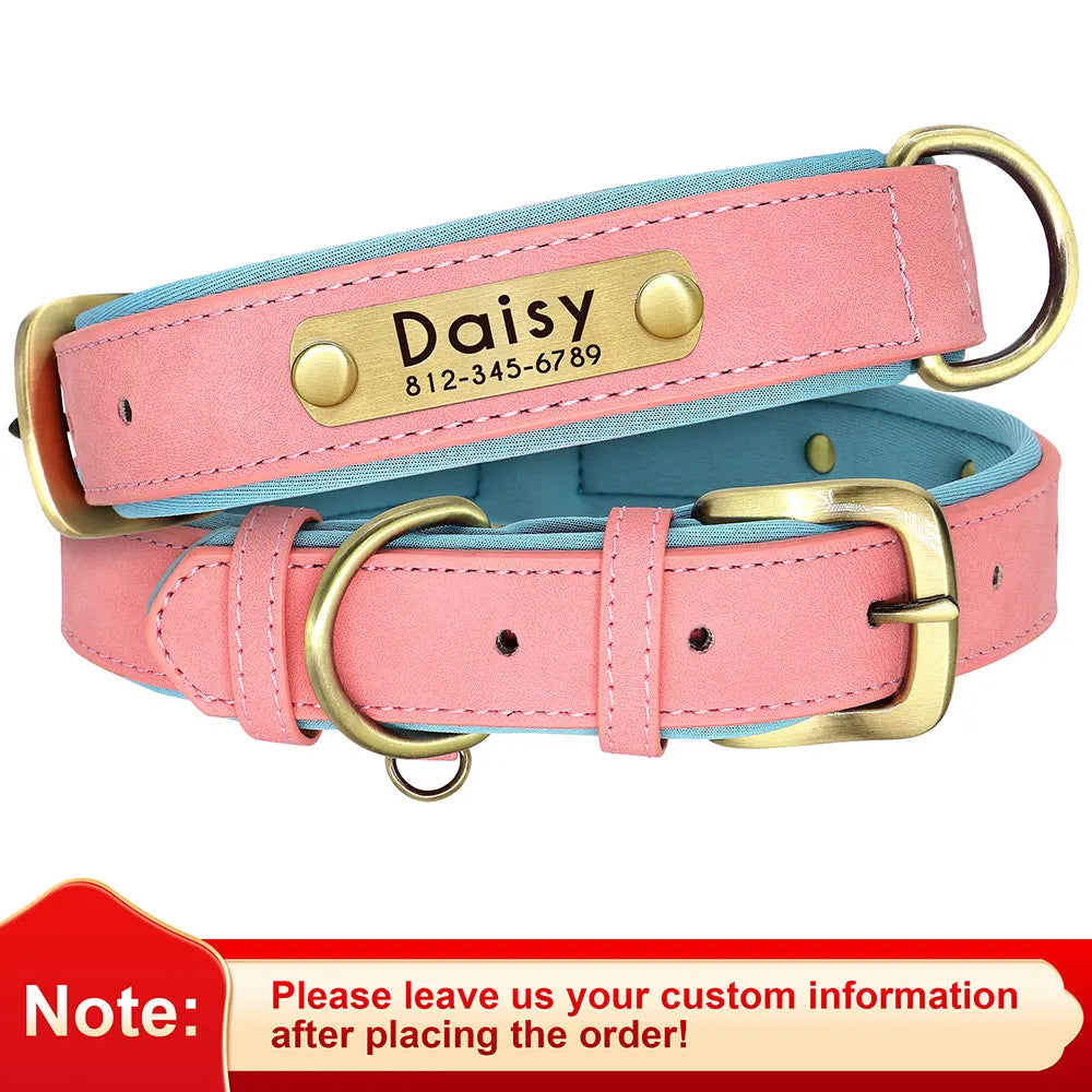 Personalized PU Leather Dog Collar Soft Padded Dog Collars Free Custom Pet ID Name Necklace for Small Medium Large Dogs Pitbull