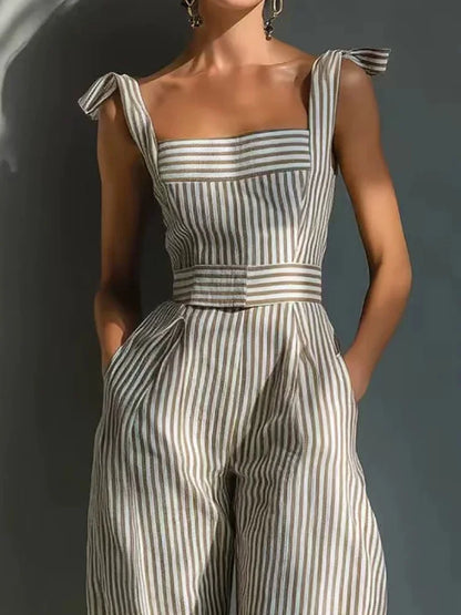 Holiday Women's Spaghetti Strap Backless Jumpsuits Summer Sleeveless Striped Patchwork Wide Leg Pants Playsuits Streetwear 2026