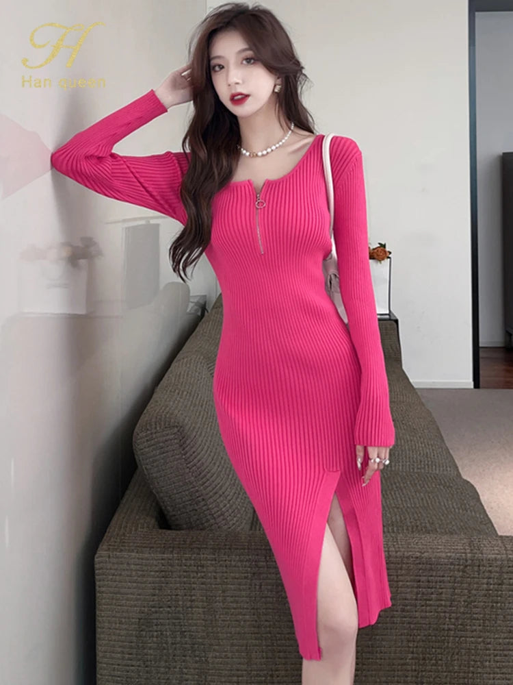 H Han Queen Sheath Pencil Dress Women Simple Zipper Sexy Split Elastic Knitted Sweater Autumn Casual Bottoming Party Dresses