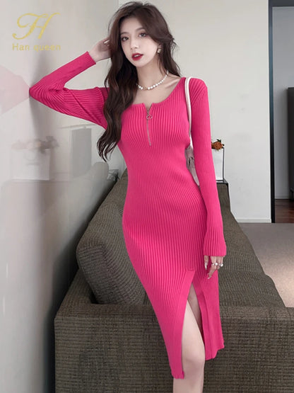 H Han Queen Sheath Pencil Dress Women Simple Zipper Sexy Split Elastic Knitted Sweater Autumn Casual Bottoming Party Dresses