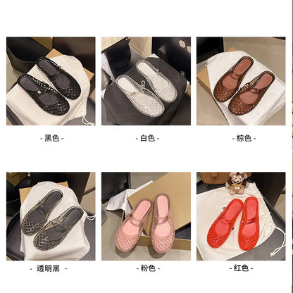 Women's Light Luxury Crystal Jelly Mary Jane Flat Sandals Hollow-out Breathable Closed Toe Summer Casual Non-slip Slip-on Shoes