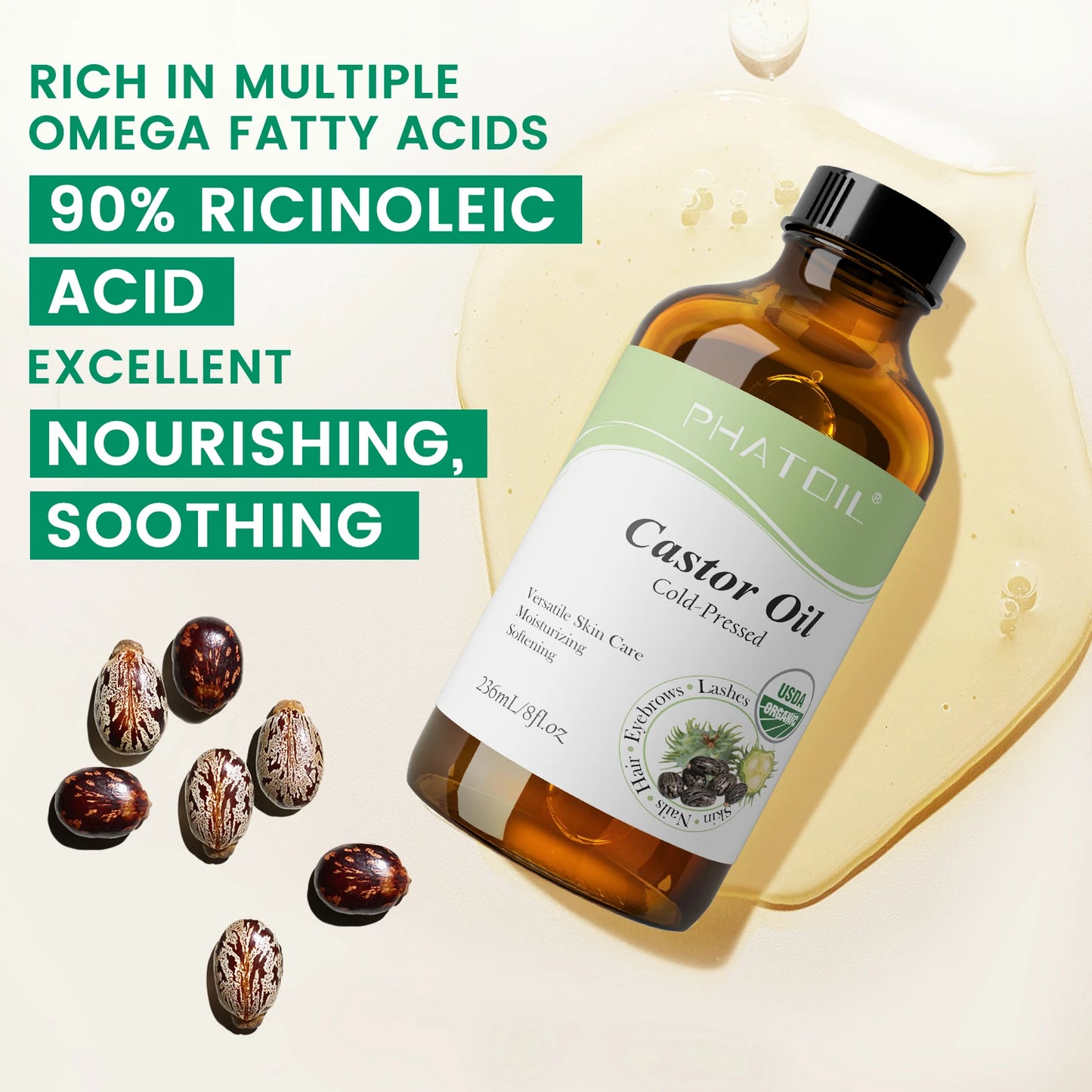 PHATOIL 236ml/118ml Organic Cold-Pressed Castor Oil For Eyelashes & Eyebrows,Hair Growth,Skin & Nails Care-Natural Castor Oils