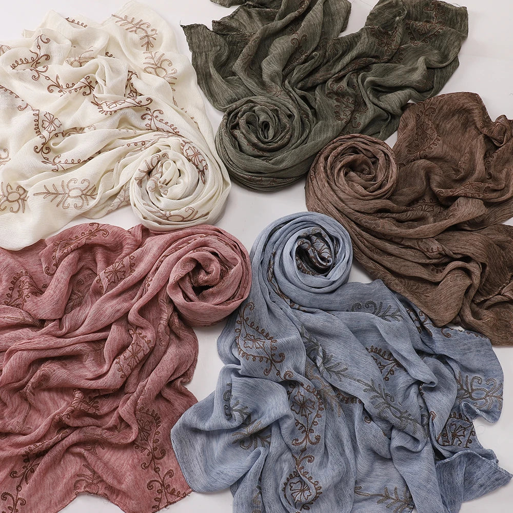 Vintage Crinkle Embroidery Hijab Textured Fabric Muslim Shawl Headscarf Soft Breathable Islamic Women Head Wrap Scarf