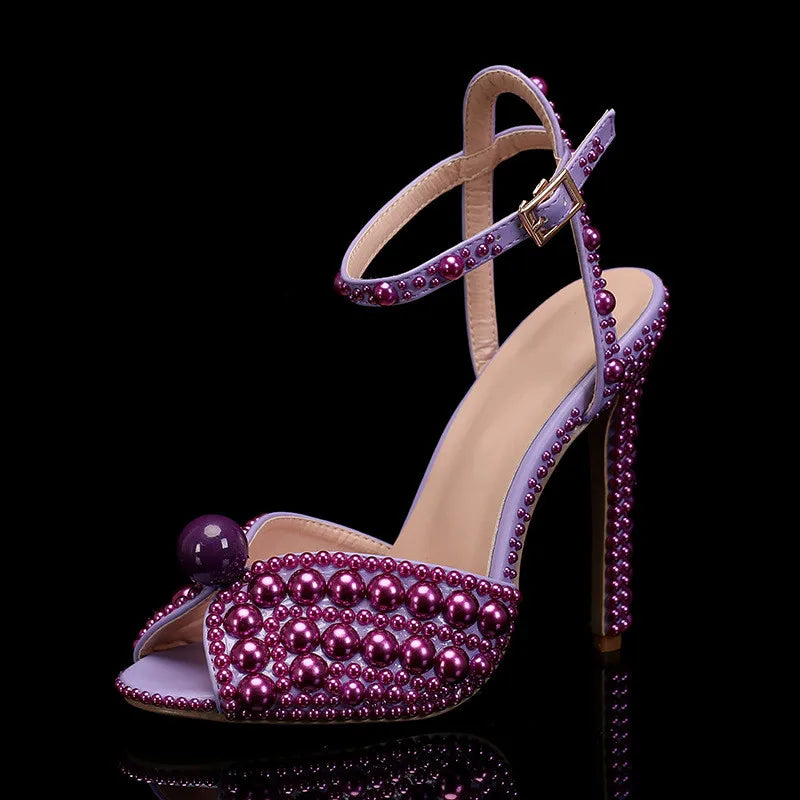 Luxury Handmade Pearl Peep Toe Women Sandals Fashion Summer Wedding Princess Thin High heels Elegant Party Prom Bridal Shoes