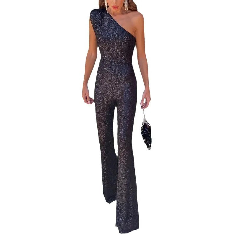 Women Sexy Slim-Fit Sequined High Waist Jumpsuits Spring 2024 Autumn New Jumpsuits Women Elegant Sleeveless Slash Neck Jumpsuits