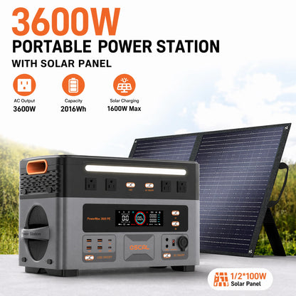 OSCAL 3600W Portable Power Station PowerMax 3600 PE Portable Solar Generator 2016Wh LiFePO4 Power Station 1.5H Fast Charging for Home RV Emergency With 100W Solar Panel
