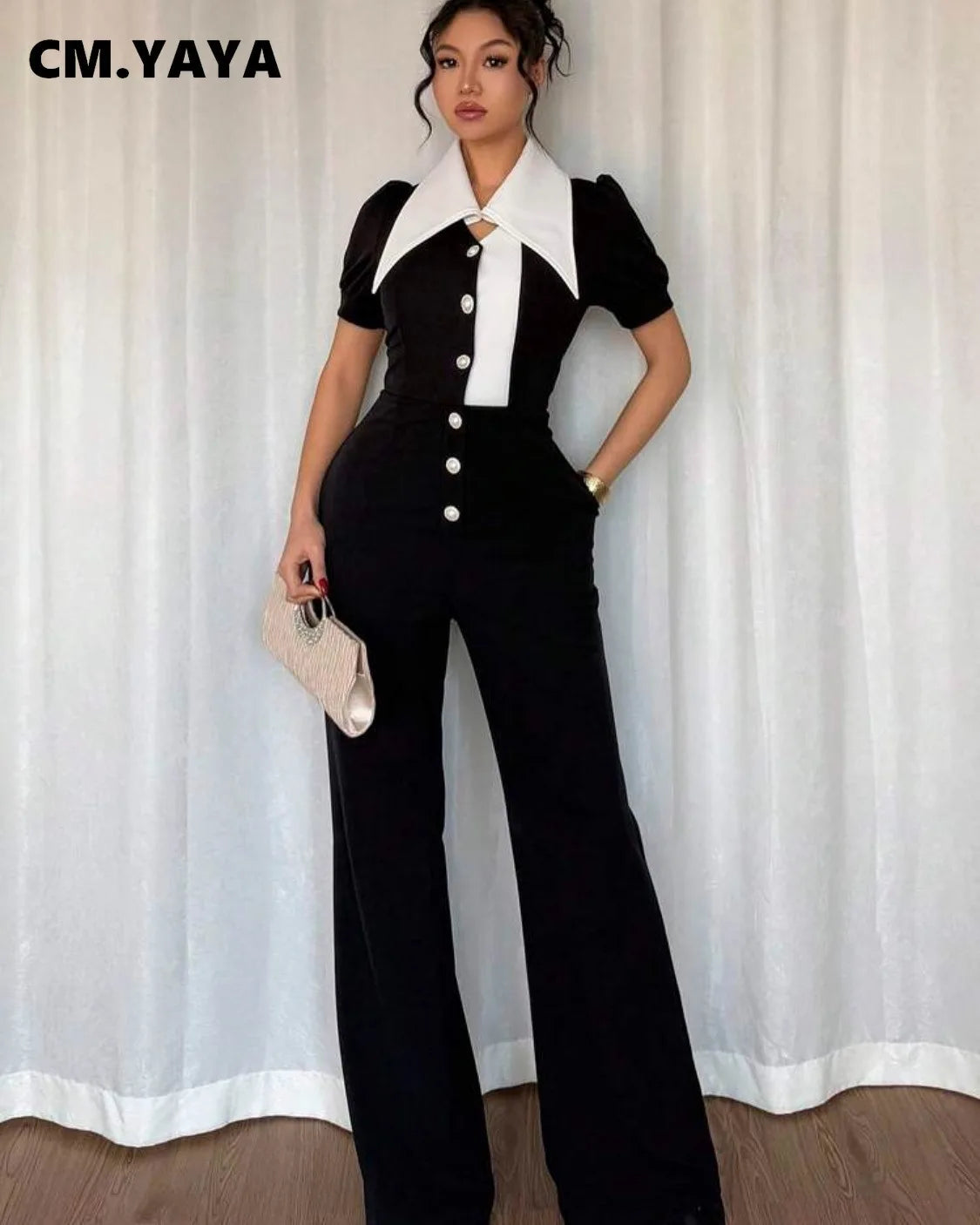CM.YAYA Fashion Women Puff Short Sleeve Patchwork Bowknot Button Fly Wide Leg Jumpsuits Street Outfits One Piece Suit Rompers