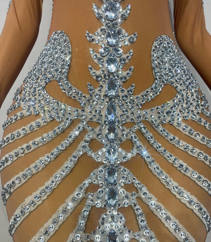 Fashion Skeleton Pattern Designed Shining Rhinestones Mesh Dress Women Halloween Party Celebrate Show Stage Outfit Kulouwang