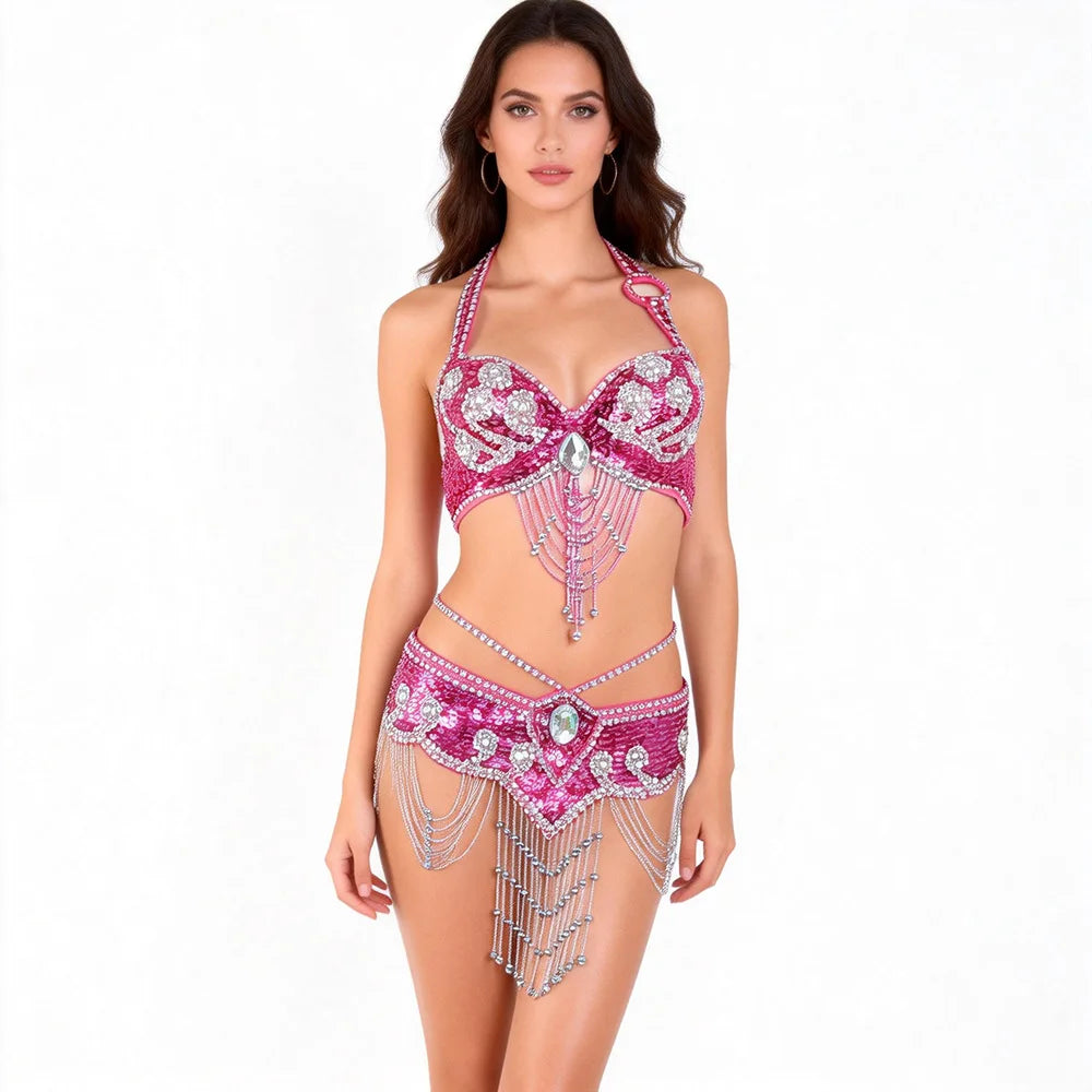 THEEPER Women Belly Dance Costume 2Pcs Set, Hand Beaded Halter Bra Adjustable Waist Belt Rhinestone Tassel Oriental Dance Outfit