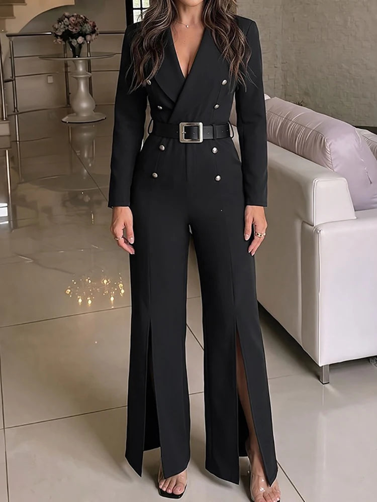 Fashion Solid Double Breasted Commute Rompers Fall Winter New High Waist Split Playsuits High Street Long Sleeve V-neck Jumpsuit