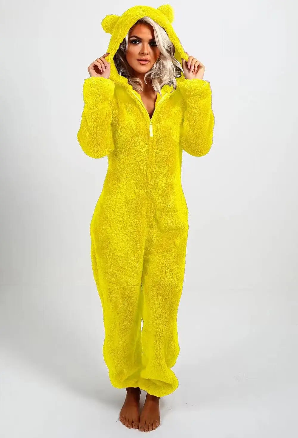 Casual Cute Women's Thick Warm Furry Jumpsuit One-Piece Solid color Hooded Pants Set Home Wear Comfortable Jumpsuits Overall