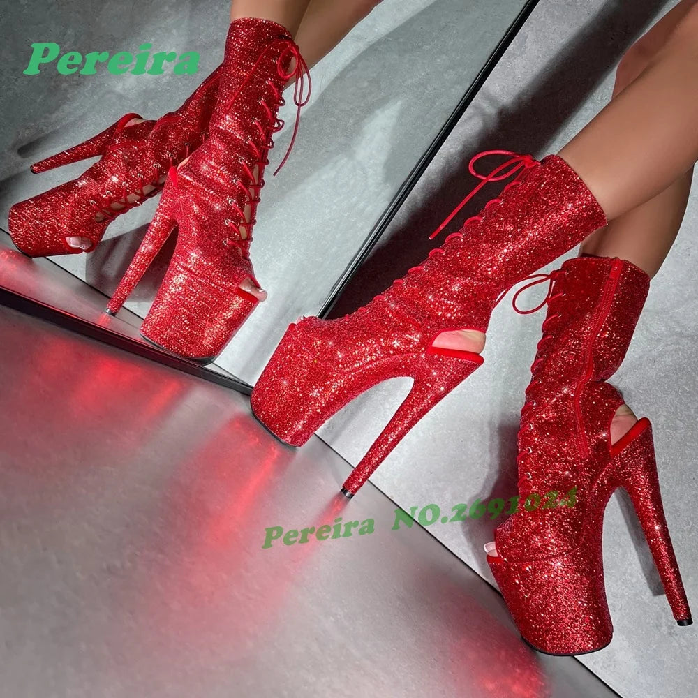 Red Gingham Peep-Toe Platform Ankle Boots Retro Cross Tied Stiletto High Heels Women's Sandals Lace-Up Pole Dance Shoes Zipper