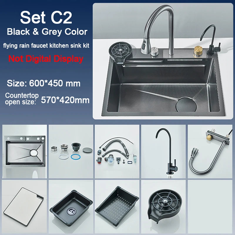 Stainless Steel Kitchen Sink with Faucet Digital Display Large Single Bowl Waterfall Rain 5 Functions System Dish Basin Sink