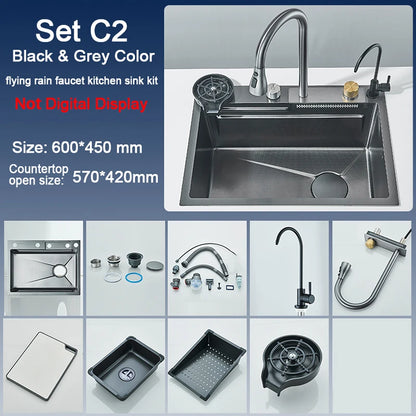 Stainless Steel Kitchen Sink with Faucet Digital Display Large Single Bowl Waterfall Rain 5 Functions System Dish Basin Sink
