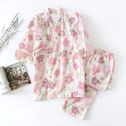 2026 new seven-sleeve Japanese-style kimono pajamas set female spring and autumn 100% cotton gauze home clothes cute sweet two-p
