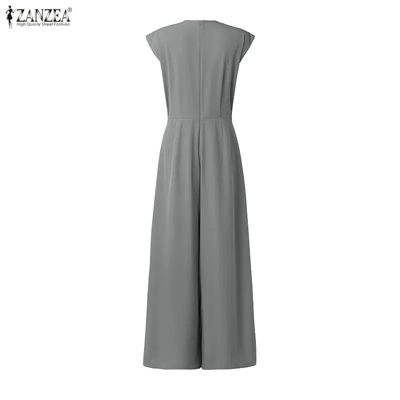 Women Street Fashion Minimalist Jumpsuits V-Neck Sleeveless Inverted Pleats Wide Leg Pant Overalls ZANZEA Commute Work Playsuits