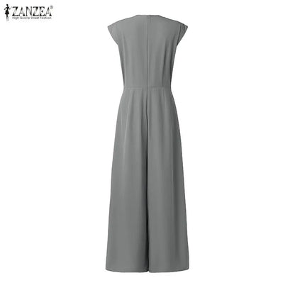 Women Street Fashion Minimalist Jumpsuits V-Neck Sleeveless Inverted Pleats Wide Leg Pant Overalls ZANZEA Commute Work Playsuits