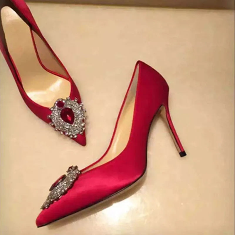 Luxury Diamond Crystal Satin Women Pumps Elegant Pointed toe Stiletto High heels Spring Autumn Fashion Wedding Banquet Shoes