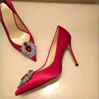 Luxury Diamond Crystal Satin Women Pumps Elegant Pointed toe Stiletto High heels Spring Autumn Fashion Wedding Banquet Shoes