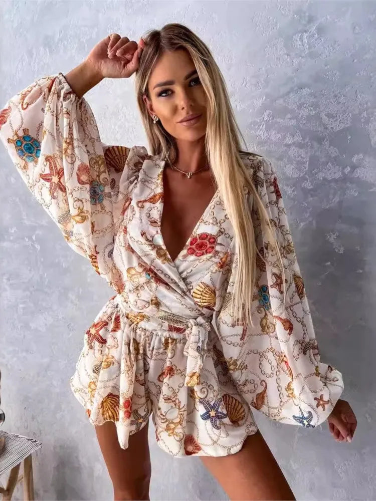 Summer Casual Boho Print Holiday Beach Playsuit Female Sexy Deep V Neck Jumpsuit For Women Fashion Shorts Women's Jumpsuits