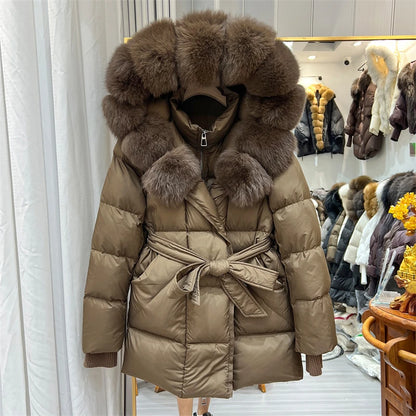 Women Winter Long Down Jacket Genuine Fox Fur Large Collar Hooded Slim Fit Waist Belt Warm Fashion Versatile Casual Winter Coat