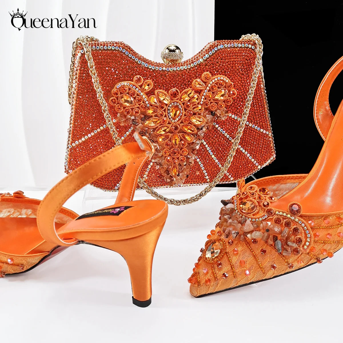 Queena Yan New Arrival Purple Color Rhinestone Decoration Design Party Wedding Lady Pointed Toe High Heels and Bag Set