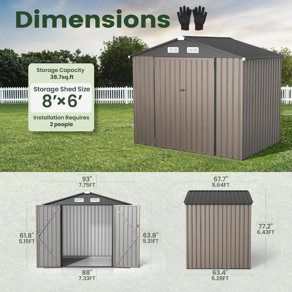8x6 FT Outdoor Storage Shed, Full Size Metal Utility Shed No Floor
