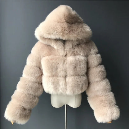 2026 Women Winter Plus Size Faux Fur Croped Coat Female Furry Hooded Long Sleeve Plush Jacket Lady Fake Fur Warm Fluffy Cardigan