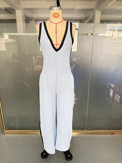 Women Color Block Deep V Neck Sleeveless Jumpsuit Side Stripe Wide Leg Pants Casual Pocket Romper Elegant Party Long Jumpsuits