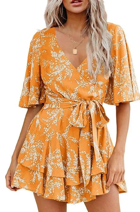 Hot-selling Women's Jumpsuits V-neck Flared Sleeves High Waist Plant Printed Pleated Lace-up Fashion High Street Playsuits