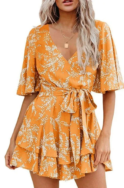 Hot-selling Women's Jumpsuits V-neck Flared Sleeves High Waist Plant Printed Pleated Lace-up Fashion High Street Playsuits